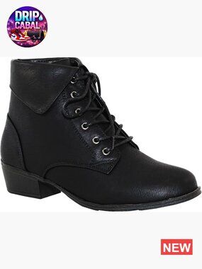 Foldover Lace Up Low Chunky Heel Ankle Booties Leather Lined
